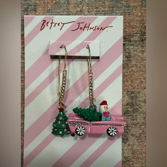 Betsey Johnson Jingle Bell Bling Santa Car Mismatch Christmas Tree Earrings - Picture 5 of 7